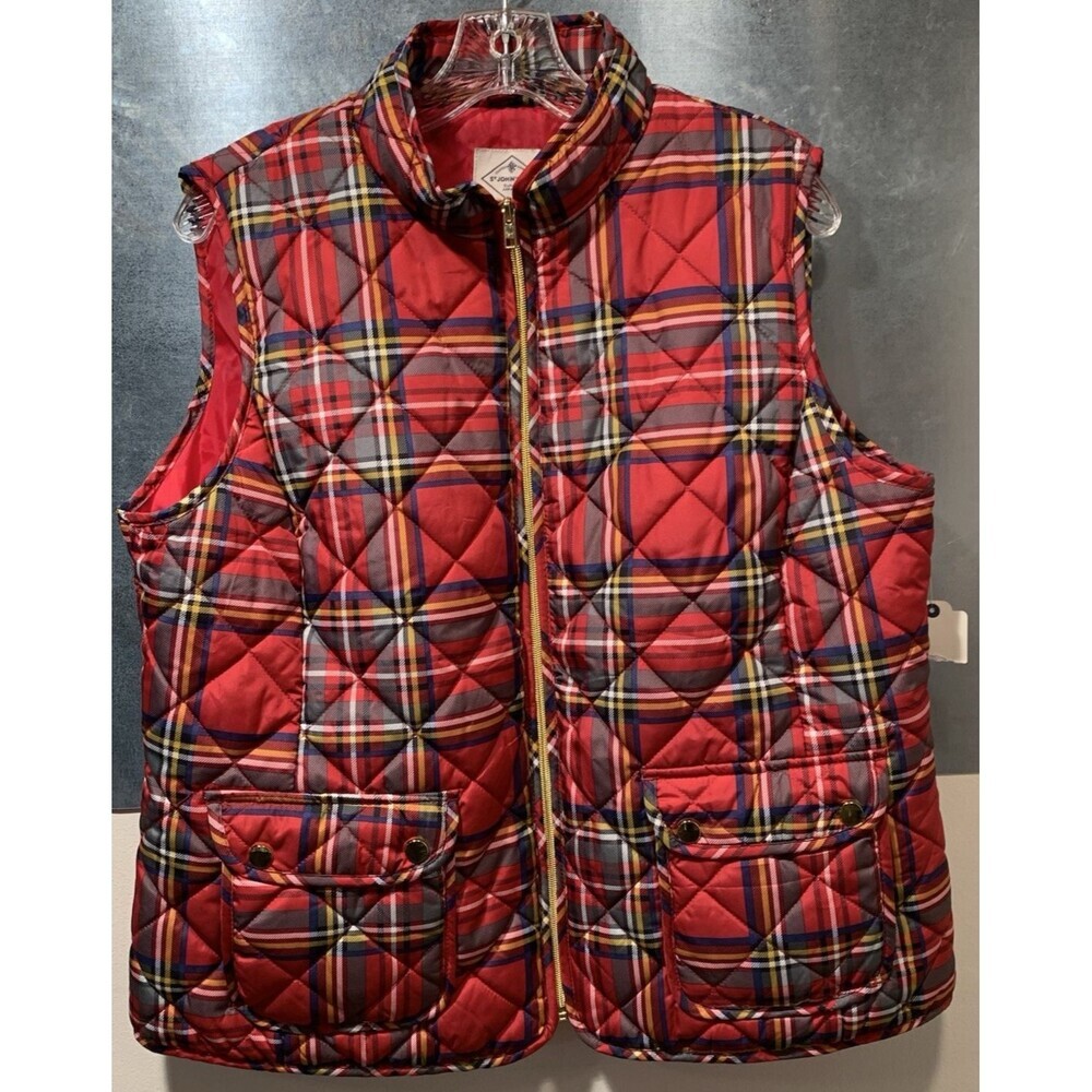 St John's Bay Cabin Barn Chore Vest Bright Brass Zip Plaid Quilted Mock Collar - Picture 4 of 16